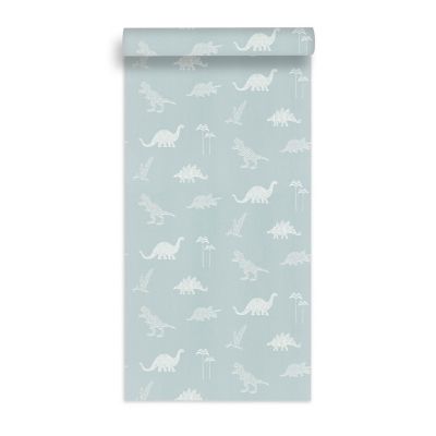 Papier peint intissé Lalala Lutece mat et satiné dinosaures, enfant bleu, vert de gris, blanc l.1005 x l.53 cm