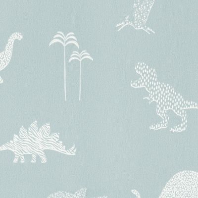 Papier peint intissé Lalala Lutece mat et satiné dinosaures, enfant bleu, vert de gris, blanc l.1005 x l.53 cm