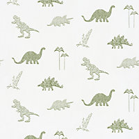 Papier peint intissé Lalala Lutece mat et satiné dinosaures, enfant vert, blanc l.1005 x l.53 cm