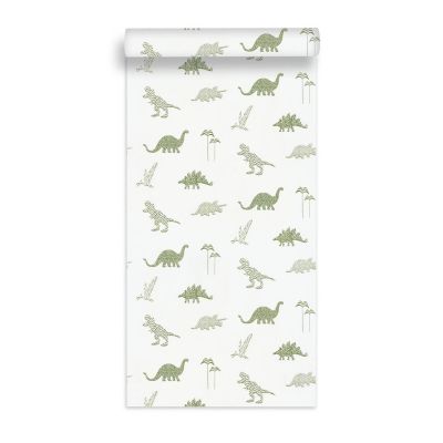 Papier peint intissé Lalala Lutece mat et satiné dinosaures, enfant vert, blanc l.1005 x l.53 cm