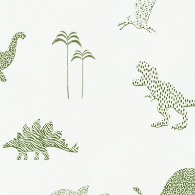 Papier peint intissé Lalala Lutece mat et satiné dinosaures, enfant vert, blanc l.1005 x l.53 cm