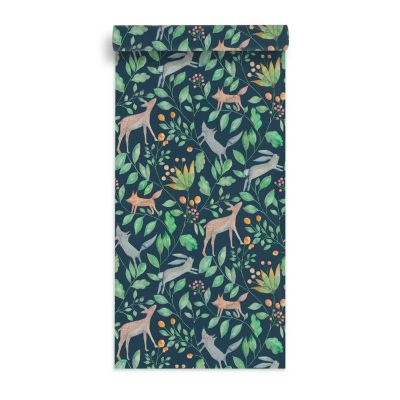 Papier peint intissé Lalala Lutece mat et satiné enfant, animaux bleu foncé, vert, ocre l.1005 x l.53 cm