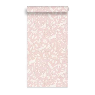 Papier peint intissé Lalala Lutece mat et satiné enfant, animaux rose pale, rose, blanc l.1005 x l.53 cm