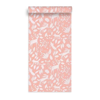 Papier peint intissé Lalala Lutece mat et satiné enfant, animaux vieux rose, nude, blanc l.1005 x l.53 cm