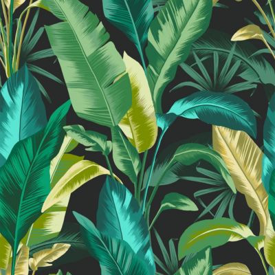 Papier peint intissé Leaf it out midnight feuilles de palmier vert, bleu L.1000 x l.52cm Envy