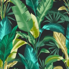 Papier peint intissé Leaf it out midnight feuilles de palmier vert, bleu L.1000 x l.52cm Envy