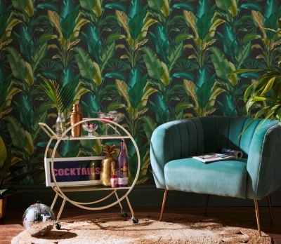 Papier peint intissé Leaf it out midnight feuilles de palmier vert, bleu L.1000 x l.52cm Envy