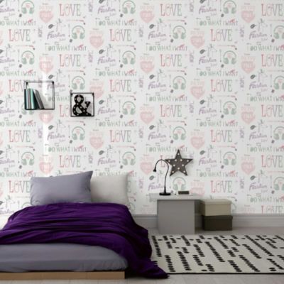 Papier peint intissé Les aventures " I Want " rose, vert, bleu pastel L.1005 x l.53cm Lutèce