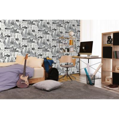 Papier peint intissé Les aventures ville de Tokyo noir, argenté L.1005 x l.53cm Lutèce