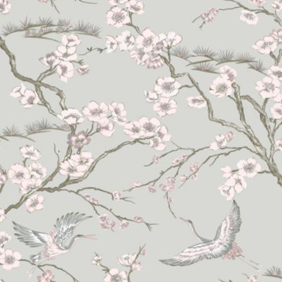 Papier peint intissé Oiseaux Japonais L.1005 x l.52cm gris, rose