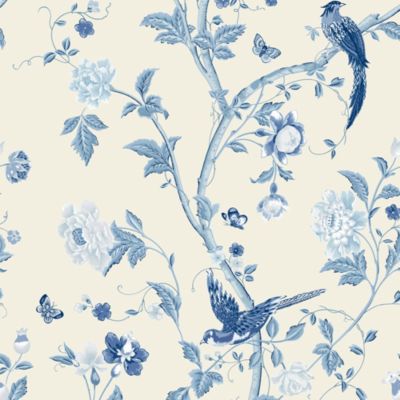 Papier peint intissé Palace summer imprimé oiseaux, fleurs bleu L.1000 x l.52cm Laura Ashley