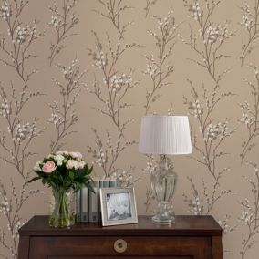 Papier peint intissé Pussy willow imprimé fleurs beige taupe L.1000 x l.52cm Laura Ashley