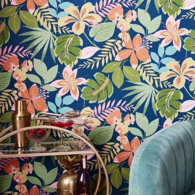 Papier peint intissé So exotic night imprimé fleurs tropicales rose, vert, bleu L.1000 x l.52cm Envy