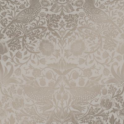 Papier peint intissé Strawberry thief imprimé fleurs, oiseaux effet métalisé beige L.1000 x l.52cm William Morris