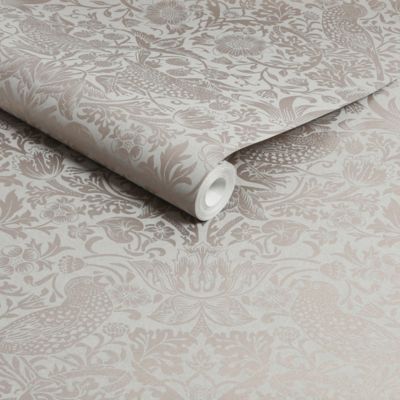 Papier peint intissé Strawberry thief imprimé fleurs, oiseaux effet métalisé beige L.1000 x l.52cm William Morris