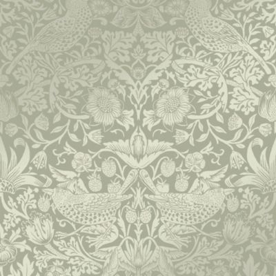 Papier peint intissé Strawberry thief imprimé fleurs, oiseaux effet métalisé vert sauge L.1000 x l.52cm William Morris