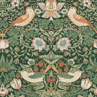 Papier peint intissé Strawberry thief imprimé fleurs, oiseaux vert L.1000 x l.52cm William Morris