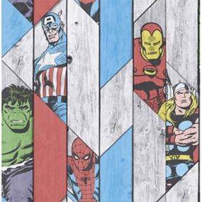 Papier peint Marvel personnages sur fond bois