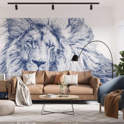 Papier peint panoramique avec visage de lion bleu - 340x260 cm (l x h)