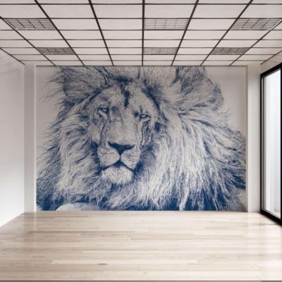 Papier peint panoramique avec visage de lion bleu - 340x260 cm (l x h)