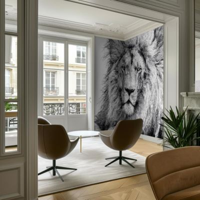 Papier peint panoramique avec visage de lion bleu - 340x260 cm (l x h)