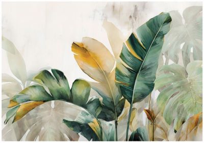 Papier Peint Panoramique Intissé Feuilles Béton Vert - 350x250 cm - Papier Peint Chambre et salon