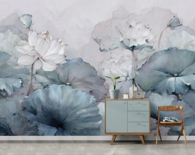 Papier Peint Panoramique Intissé Fleurs Béton Bleu - 350x250 cm ...