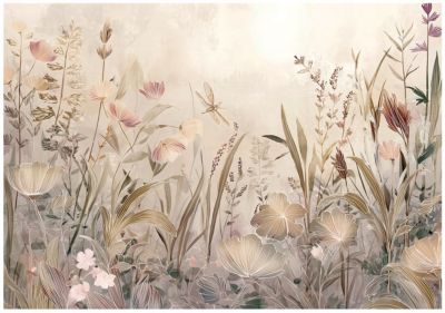 Papier Peint Panoramique Intissé Fleurs Prairie Beige - 350x250 cm - Papier Peint Chambre et salon