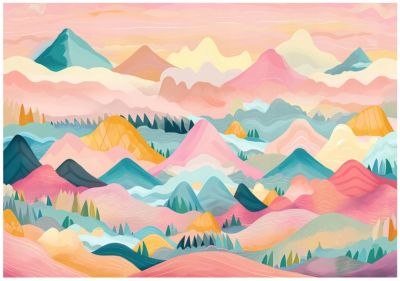 Papier Peint Panoramique Intissé Montagnes Nuages Rose - 416x254 cm - Papier Peint Enfant