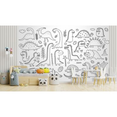 Papier peint panoramique intissé enfant à colorier dinosaures noir et blanc, 8 lés, L.280 x l.400cm IDPanneaux