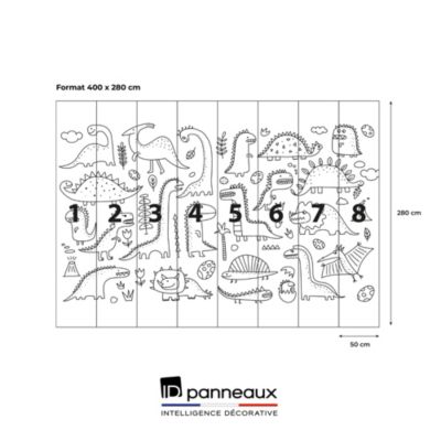 Papier peint panoramique intissé enfant à colorier dinosaures noir et blanc, 8 lés, L.280 x l.400cm IDPanneaux