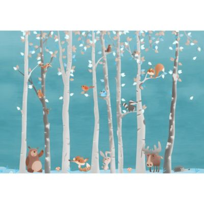 Papier peint panoramique intissé enfant animaux dans la fôret bleu, blanc, 8lés, L280 x l.400cm IDPanneaux