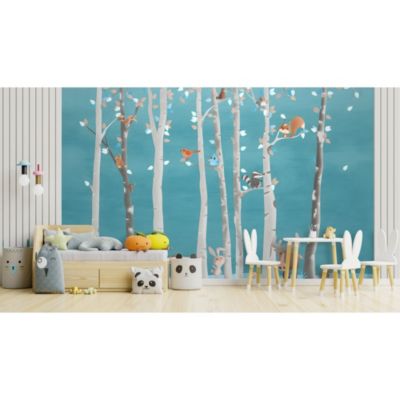 Papier peint panoramique intissé enfant animaux dans la fôret bleu, blanc, 8lés, L280 x l.400cm IDPanneaux
