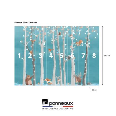 Papier peint panoramique intissé enfant animaux dans la fôret bleu, blanc, 8lés, L280 x l.400cm IDPanneaux