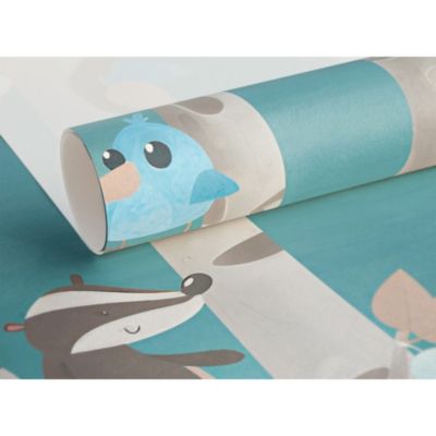 Papier peint panoramique intissé enfant animaux dans la fôret bleu, blanc, 8lés, L280 x l.400cm IDPanneaux