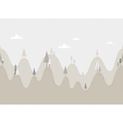 Papier peint panoramique intissé enfant paysage montagne gris, beige lin, 8lés, L280 x l.400cm IDPanneaux