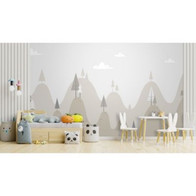 Papier peint panoramique intissé enfant paysage montagne gris, beige lin, 8lés, L280 x l.400cm IDPanneaux