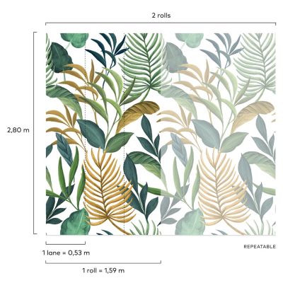 Papier peint panoramique intissé feuillage tropical jaune, vert, 3 lés, L.280 x l.159 cm Grandeco Lariano