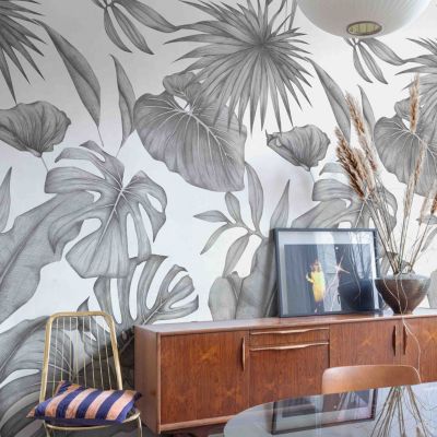 Papier peint panoramique intissé feuilles tropicales noir er blanc, 3 lés, L.280 x l.159 cm Grandeco Raha