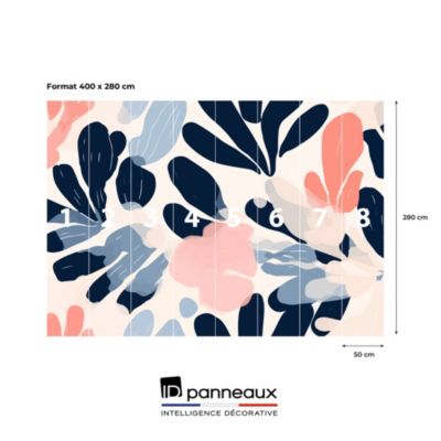 Papier peint panoramique intissé fleuri, fleurs abstraites, bleu, rose, 8 lés, L.280 x l.400cm IDPanneaux