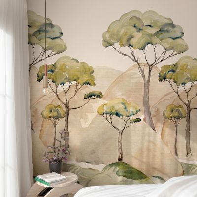 Papier peint panoramique intissé forêt beige, vert, 2 lés, L.280 x l.159 cm Grandeco Ravello