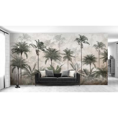 Papier peint panoramique intissé jungle tropicale palmier gris, beige, vert foncé, 10 lés, L.280 x l.500cm IDPanneaux