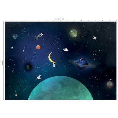 Papier peint panoramique intissé Lalala Lutece mat et satiné espace, astronaute, lune, enfant multicolore l.2240 x l.50 cm