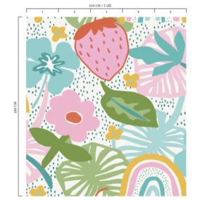 Papier peint panoramique intissé Lalala Lutece mat et satiné fleurs, fraise, feuilles multicolore l.1400 x l.50 cm