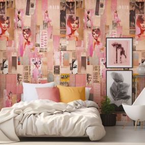 Papier peint panoramique intissé Les aventures pink pin up rose, 3 lés, L.280 x 53cm Lutèce