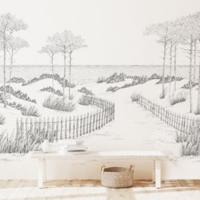 Papier Peint Panoramique Paysage Plage et bord de Mer Noir et Blanc - 99DECO - L336xH270cm