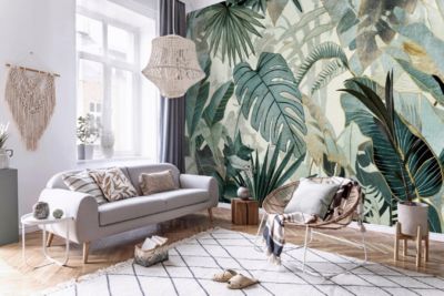 Papier Peint Panoramique Vinyle Feuilles Jungle Vert - 254x184 cm - Papier Peint Chambre et salon
