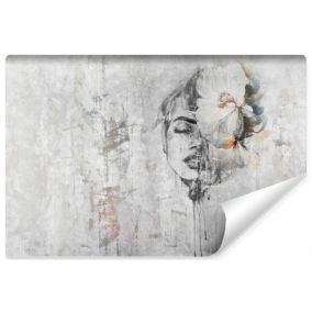 Papier Peint Photo Pour Chambre FLEURS Femme Portrait Mur De Béton 135cm x 90cm