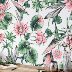 Papier peint plantes à fleurs de lotus blanc - 340x260 cm (l x h)