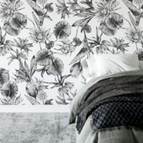 Papier peint plantes à fleurs de lotus noir et blanc - 85x260 cm (l x h)